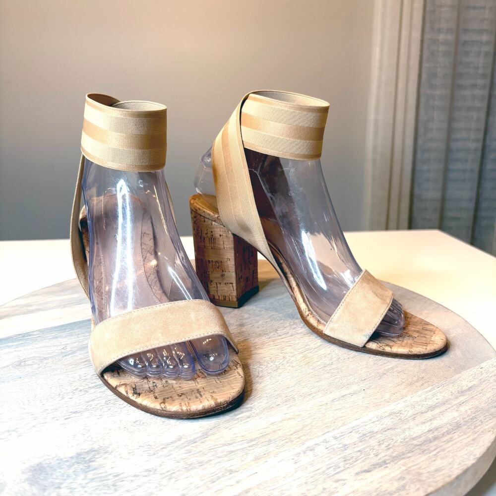 Gianvito Rossi Suede Cork Sandals Elastic Ankle Strap Beige 38.5 US 8.5 Italy